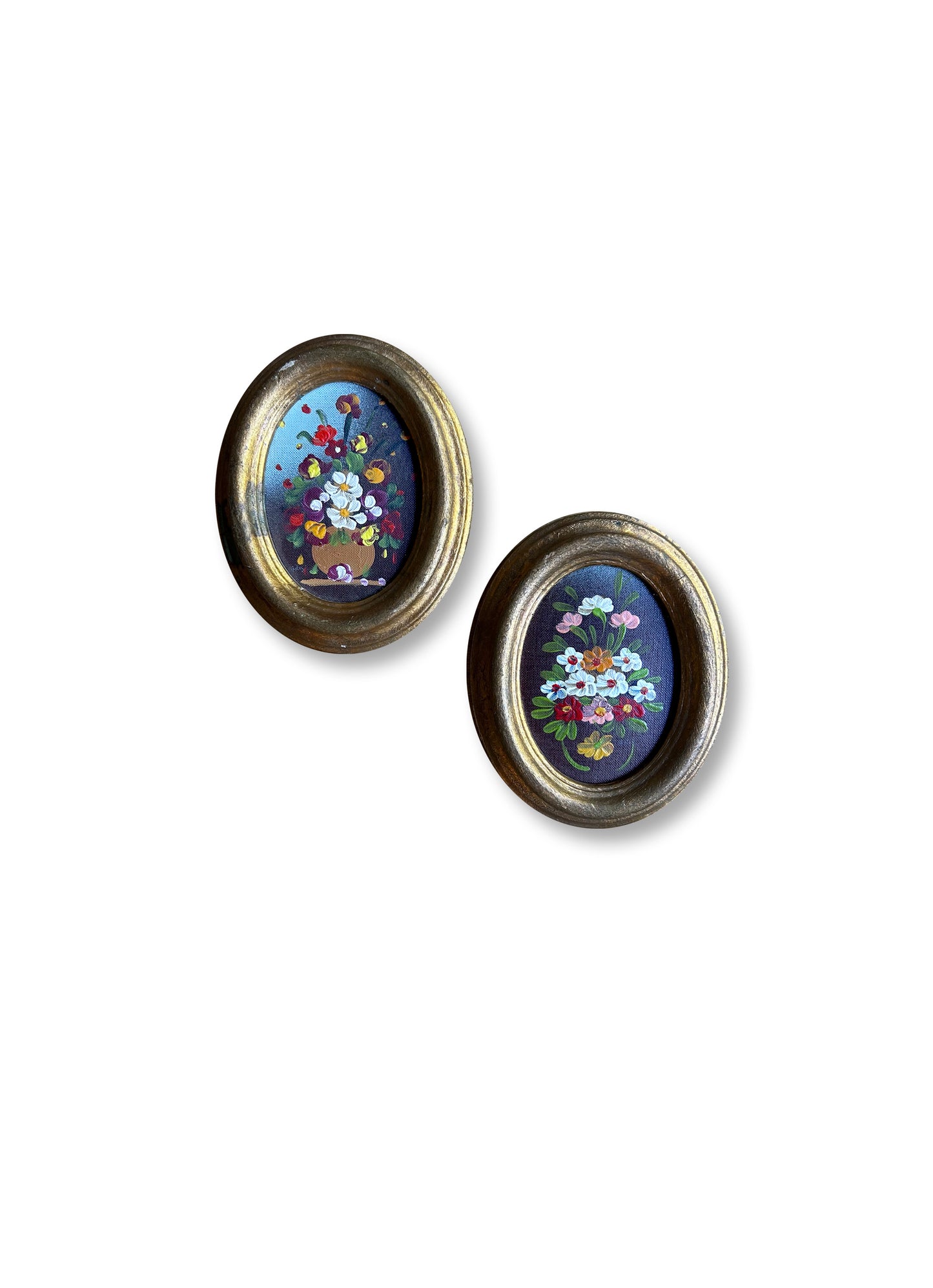 Pair of Vintage Italian Floral Oil Paintings in Oval Gilt Frames