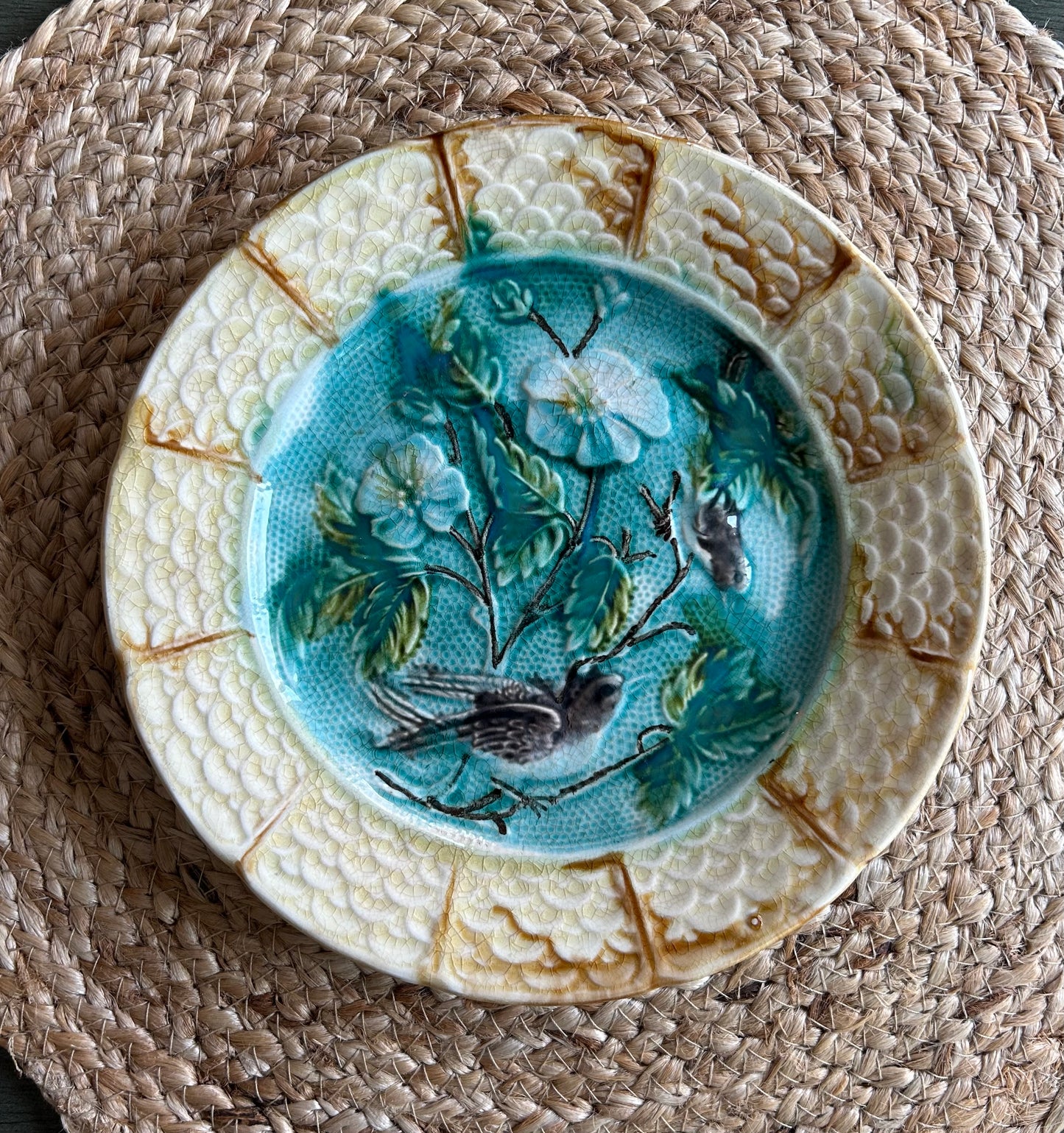 Paris - 8.5” Antique French Majolica Barbotine Plate by Onnaing, c.1890