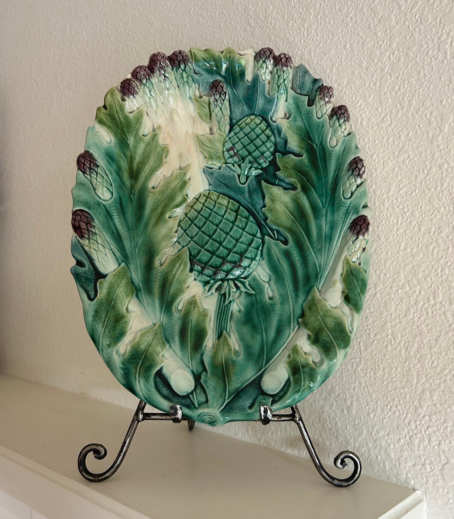 14” 19th Century French Majolica Asparagus & Artichoke Serving Platter