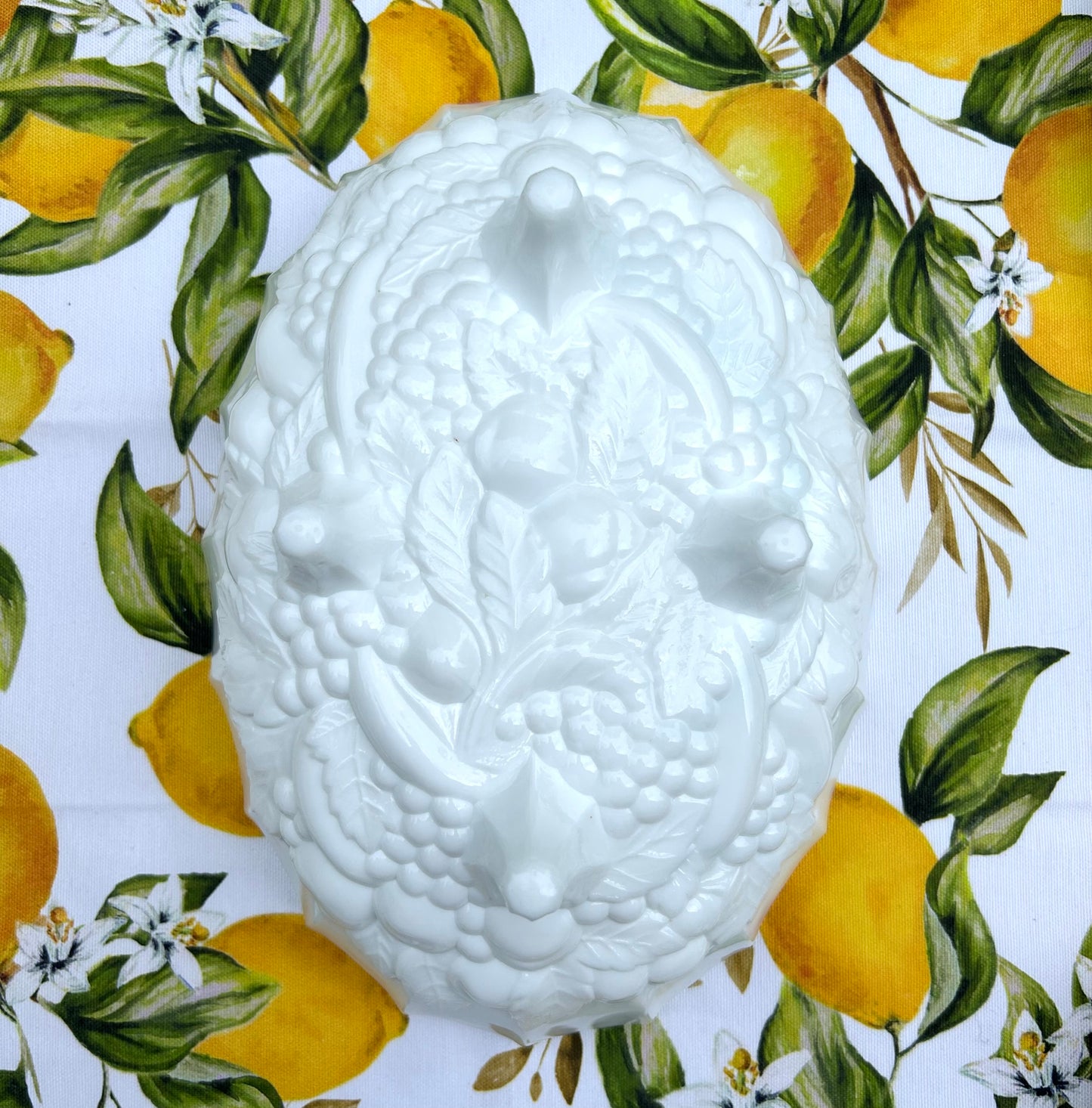 12” x 4” Vintage Oval Footed Milk Glass Nesting Grape Harvest Embossed Bowl