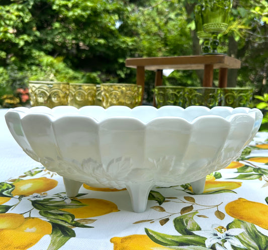 12” x 4” Vintage Oval Footed Milk Glass Nesting Grape Harvest Embossed Bowl