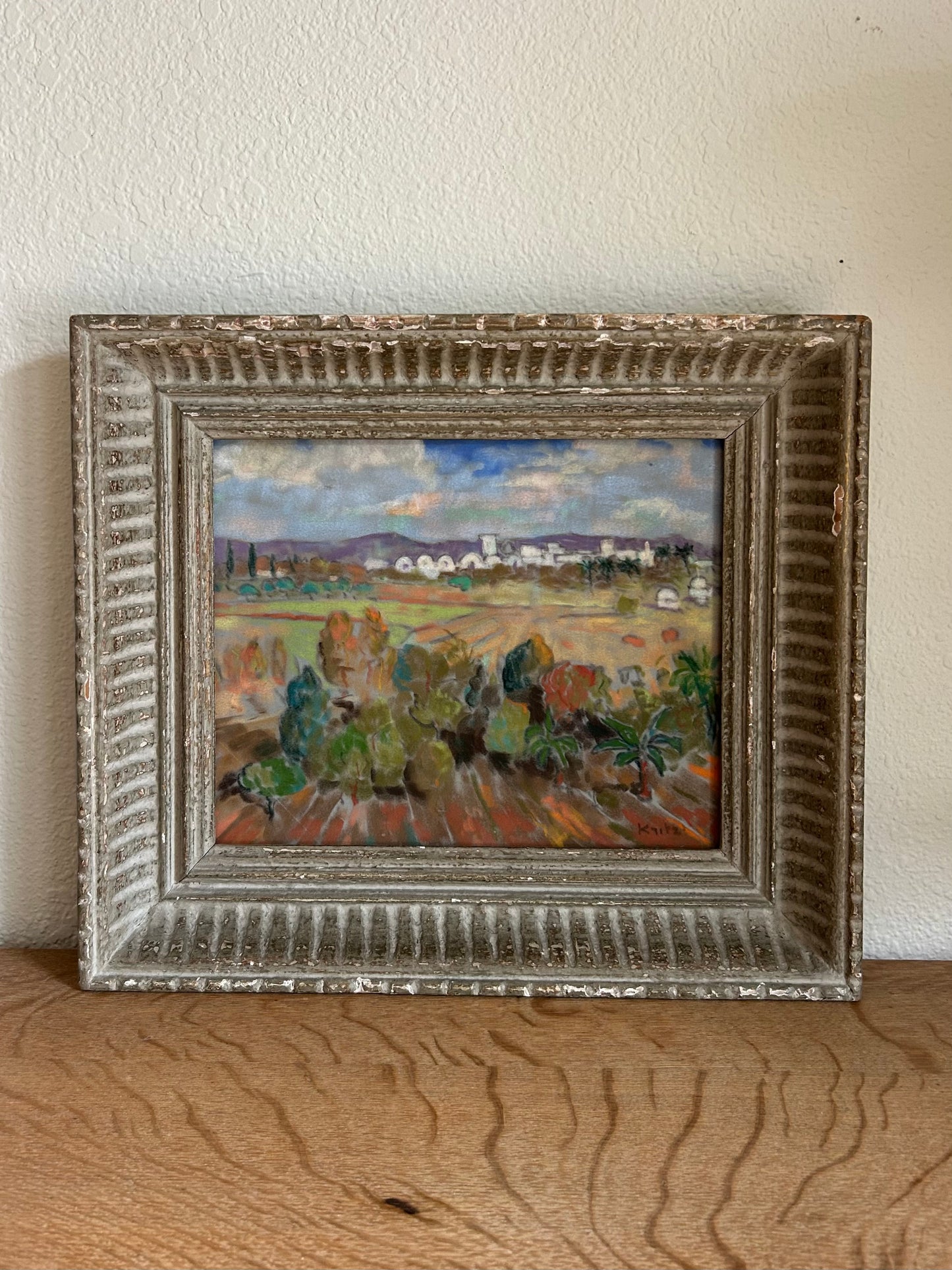 Paris - 13.5” x 15.5” Vintage Oil Pastel on Paper, Vintage Wood Frame