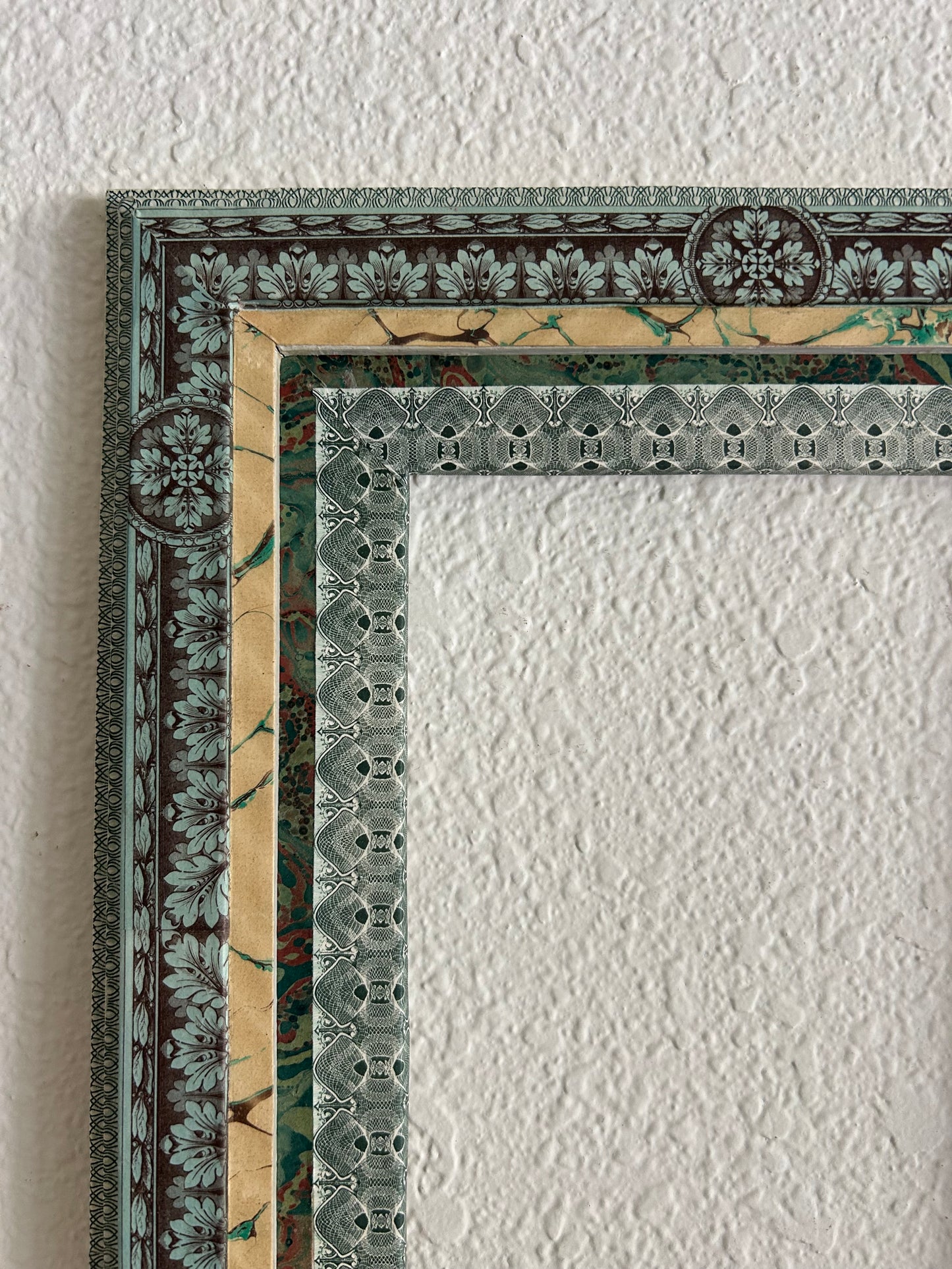10.25” x 12” opening 5.5” x 7.5” Handmade French Decoupage Frame – Antique Bank Paper – Provence