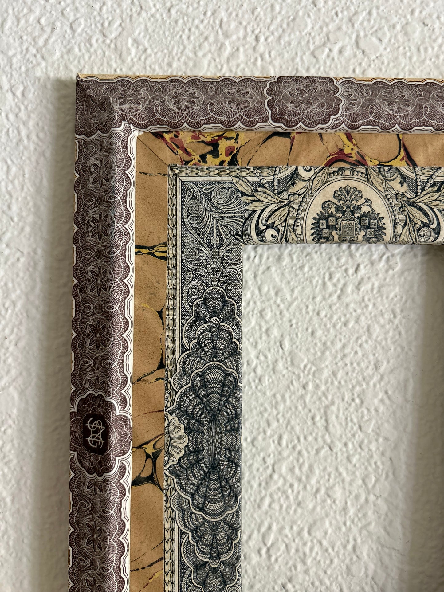 8.5” x 11” opening 3.5” x 6” Handmade French Decoupage Frame – Antique Bank Paper – Provence