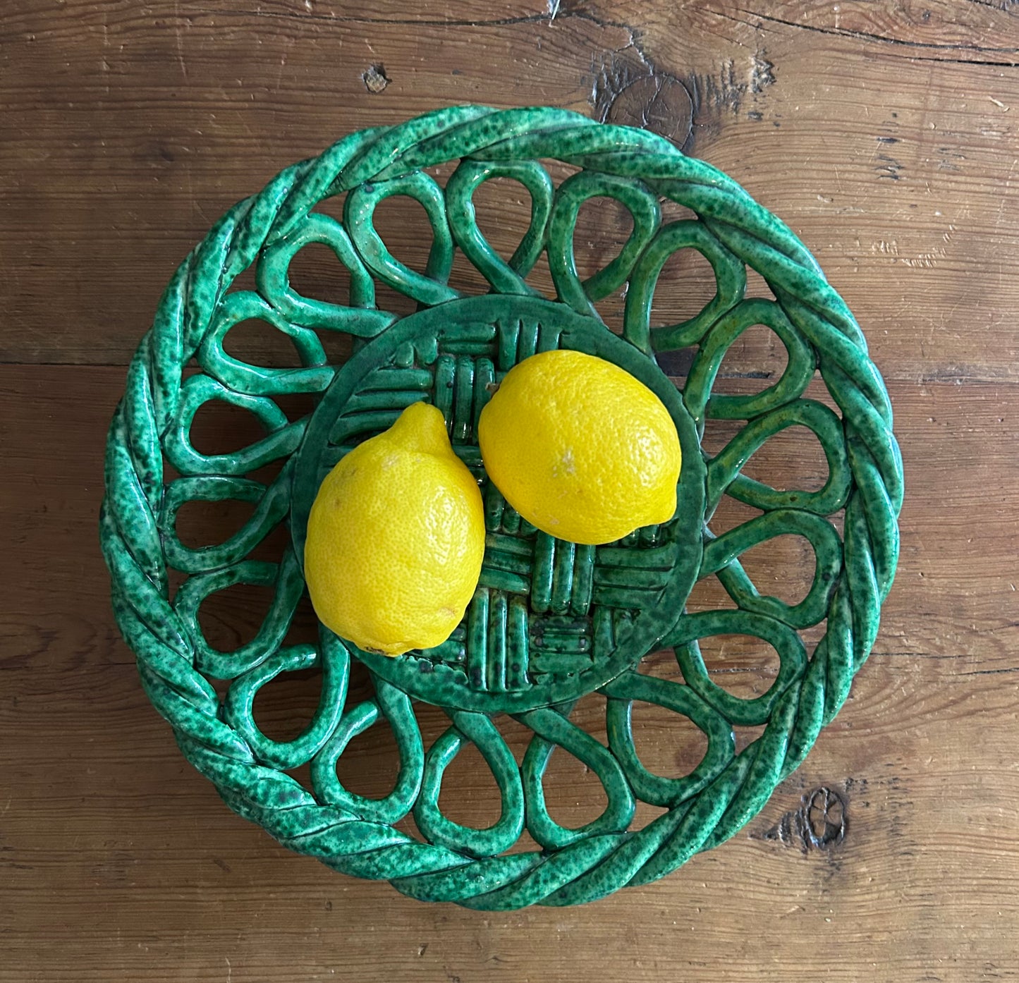 Paris- 10.5” x 2” Vintage Vallauris Ceramic Basket: Deep Green Weave 1950s
