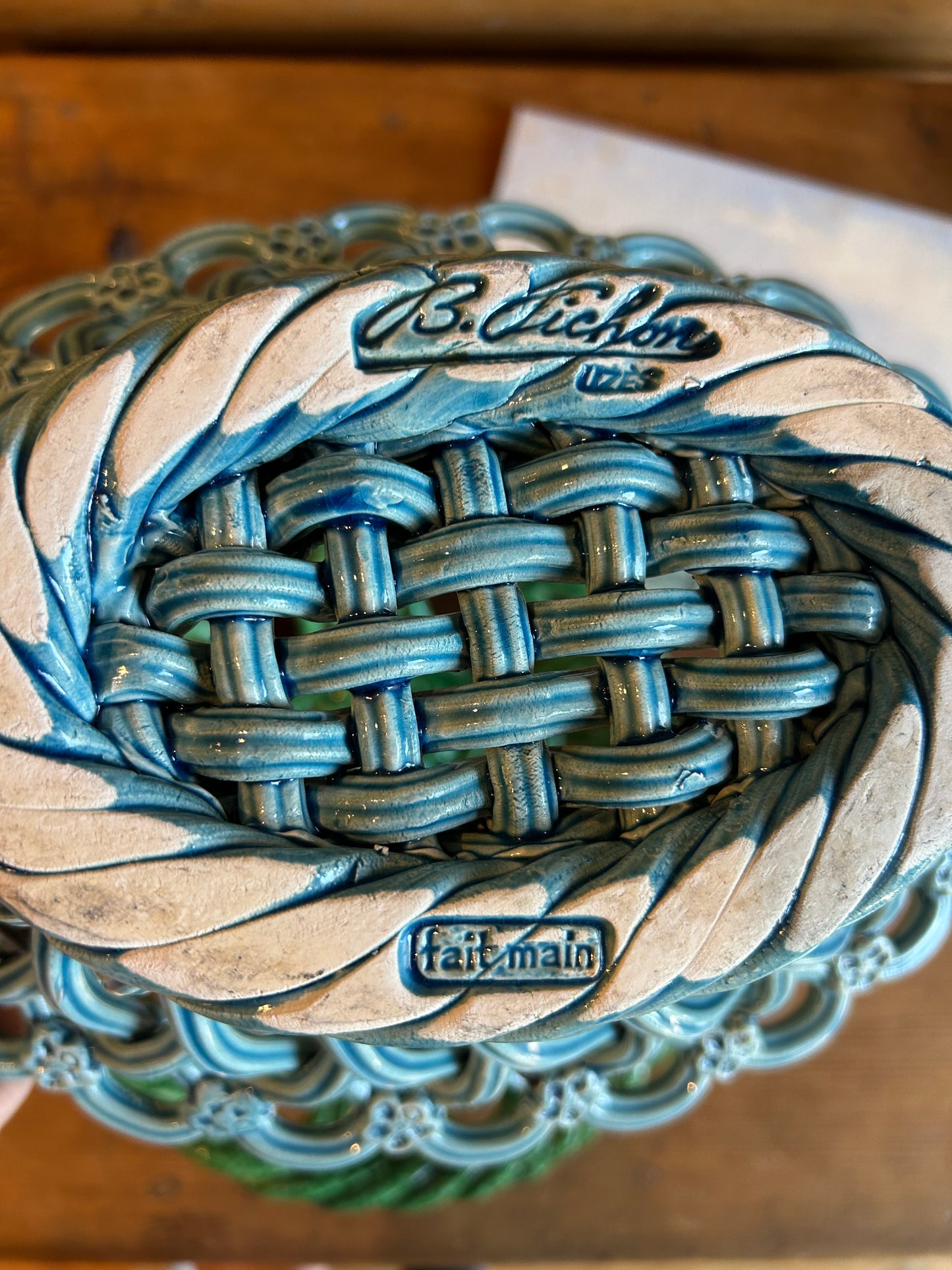 Paris - 11.5” x 4” H J P Pichon Turquoise Vintage Open Weave Basket