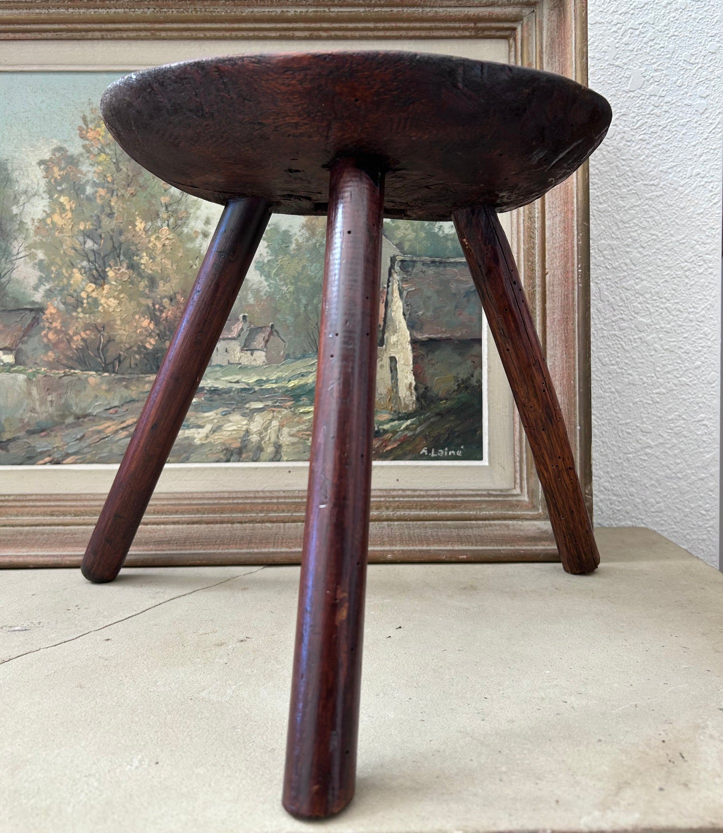 Paris - 11” x 12” H 1850s Rustic French wooden stool wabi sabi style