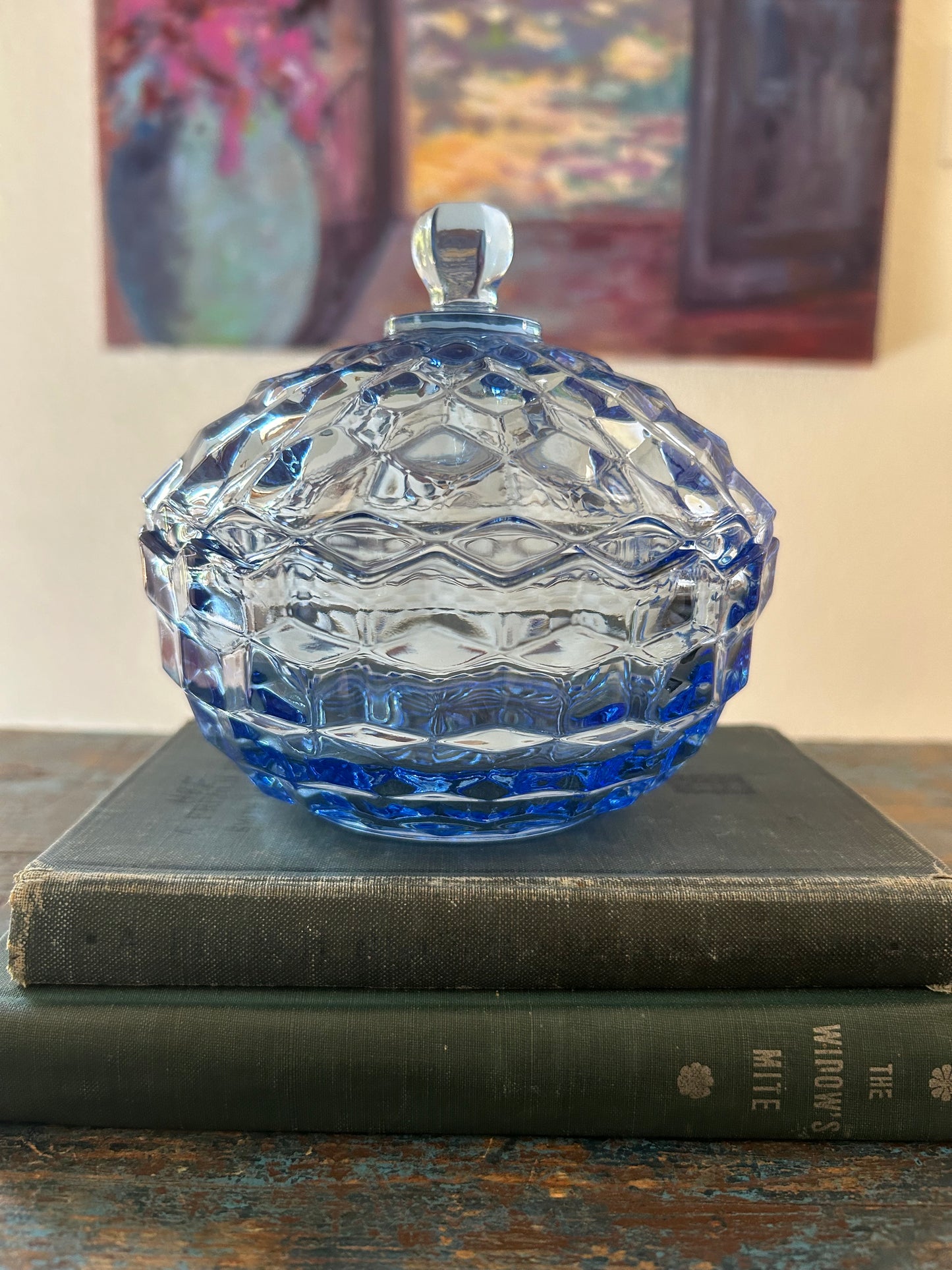 5.5” Blue Indiana Glass Covered Bowl