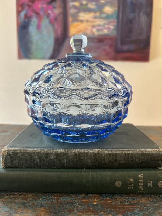 5.5” Blue Indiana Glass Covered Bowl