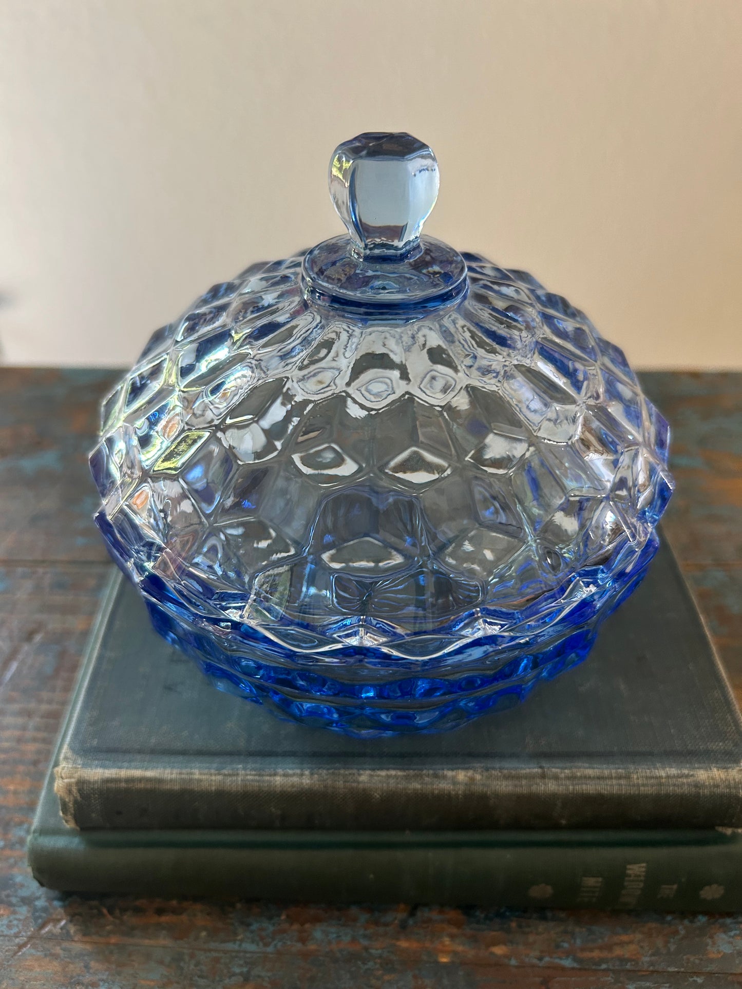 5.5” Blue Indiana Glass Covered Bowl
