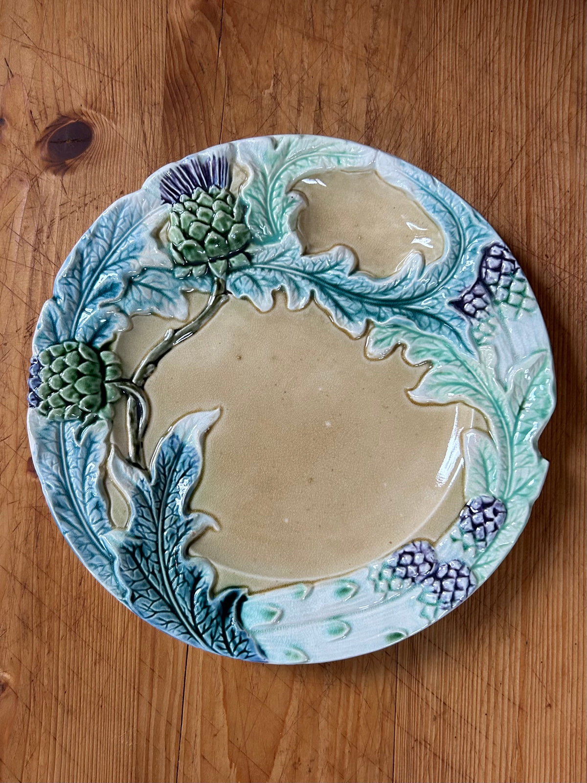 9.5” 1890 French Majolica Five Lille Artichoke & Asparagus