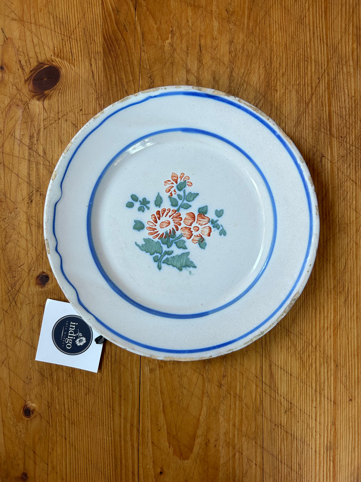 8” Antique French Faience Plate triple orange flower