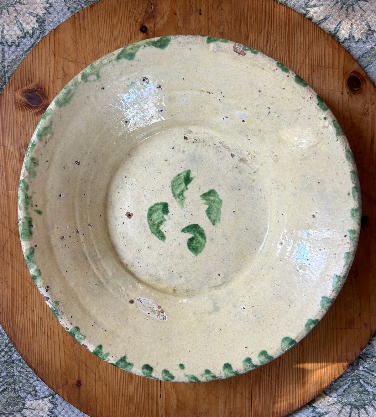 13.5” x 3” Antique Italian Puglia Bowl with green accents