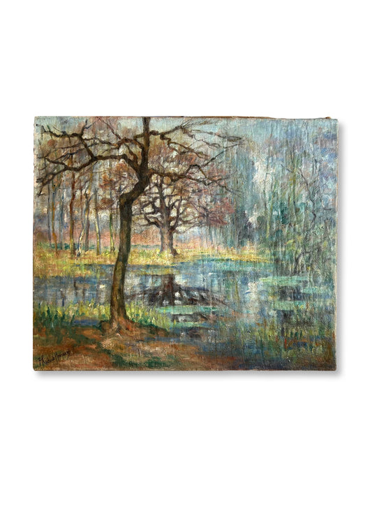 Paris - 18” x 21” Fairytale Pond Antique Oil on Canvas