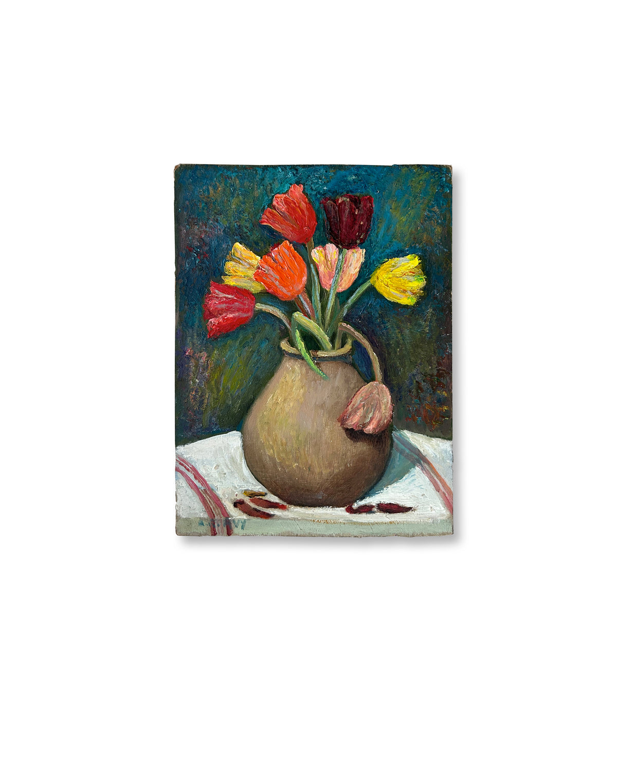 Provence 10” x 13.25” Vintage Oil on Board Impasto Tulips