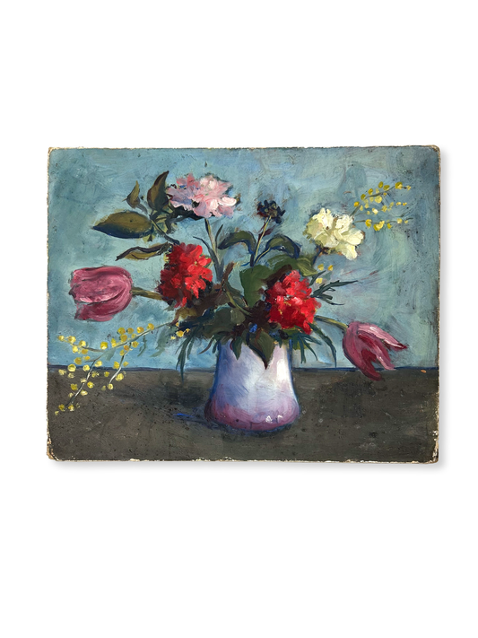 Paris - 1956, 13” x 16” Original French Oil on Board, Garden Flowers