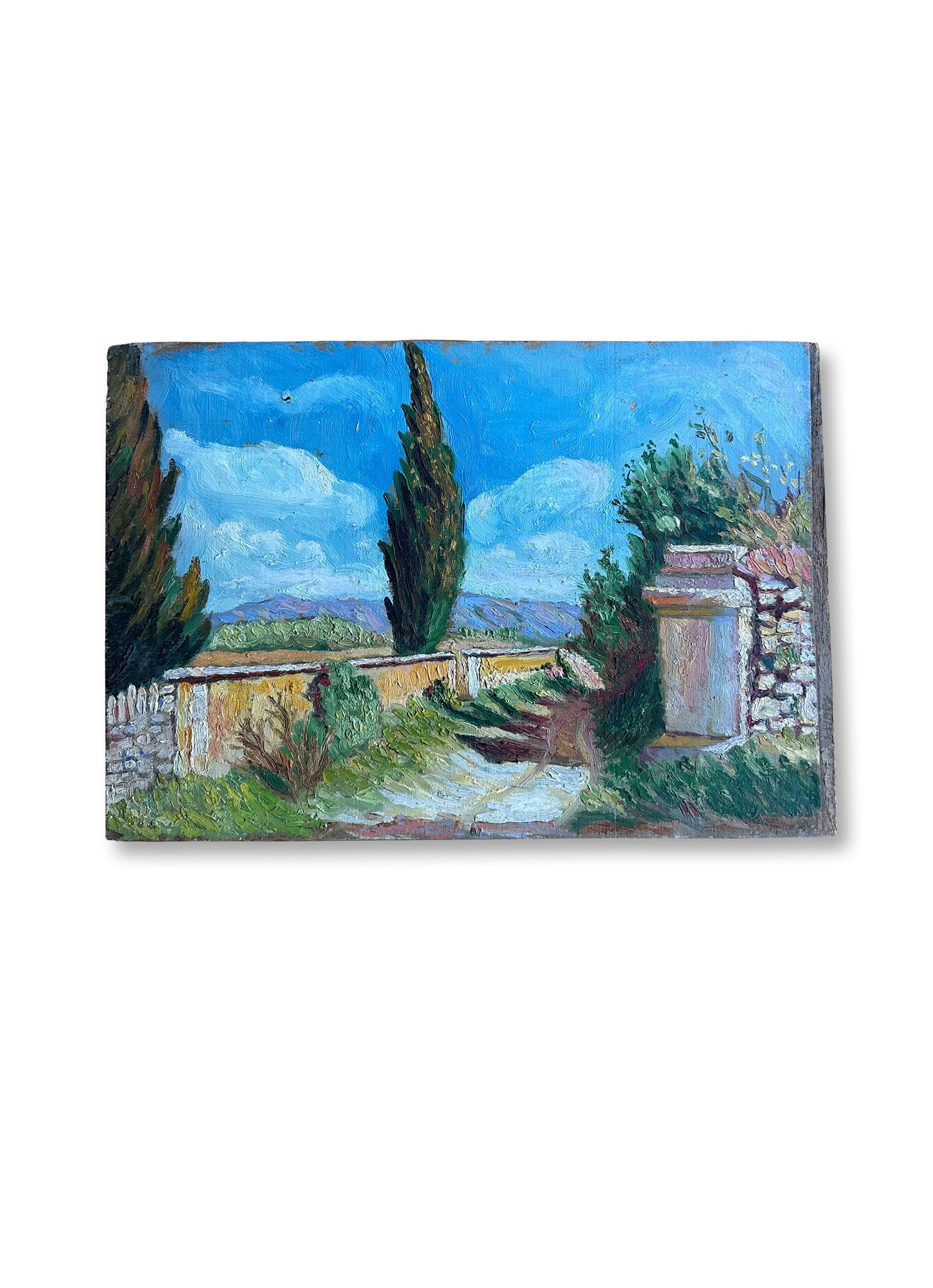 Vintage French Provence Landscape Oil Painting on Wood – 10” x 14.5”