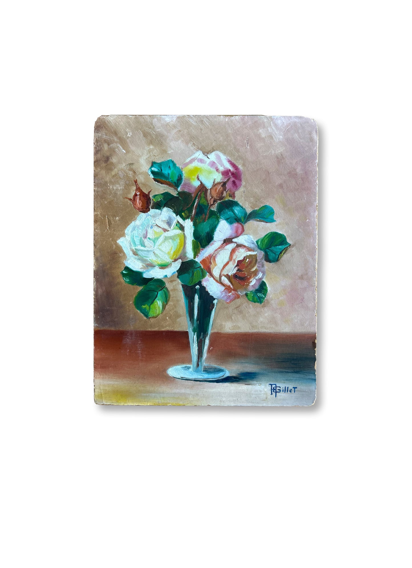 Vintage French Rose Still Life Oil Painting – Signed, 10.5” x 13.75”