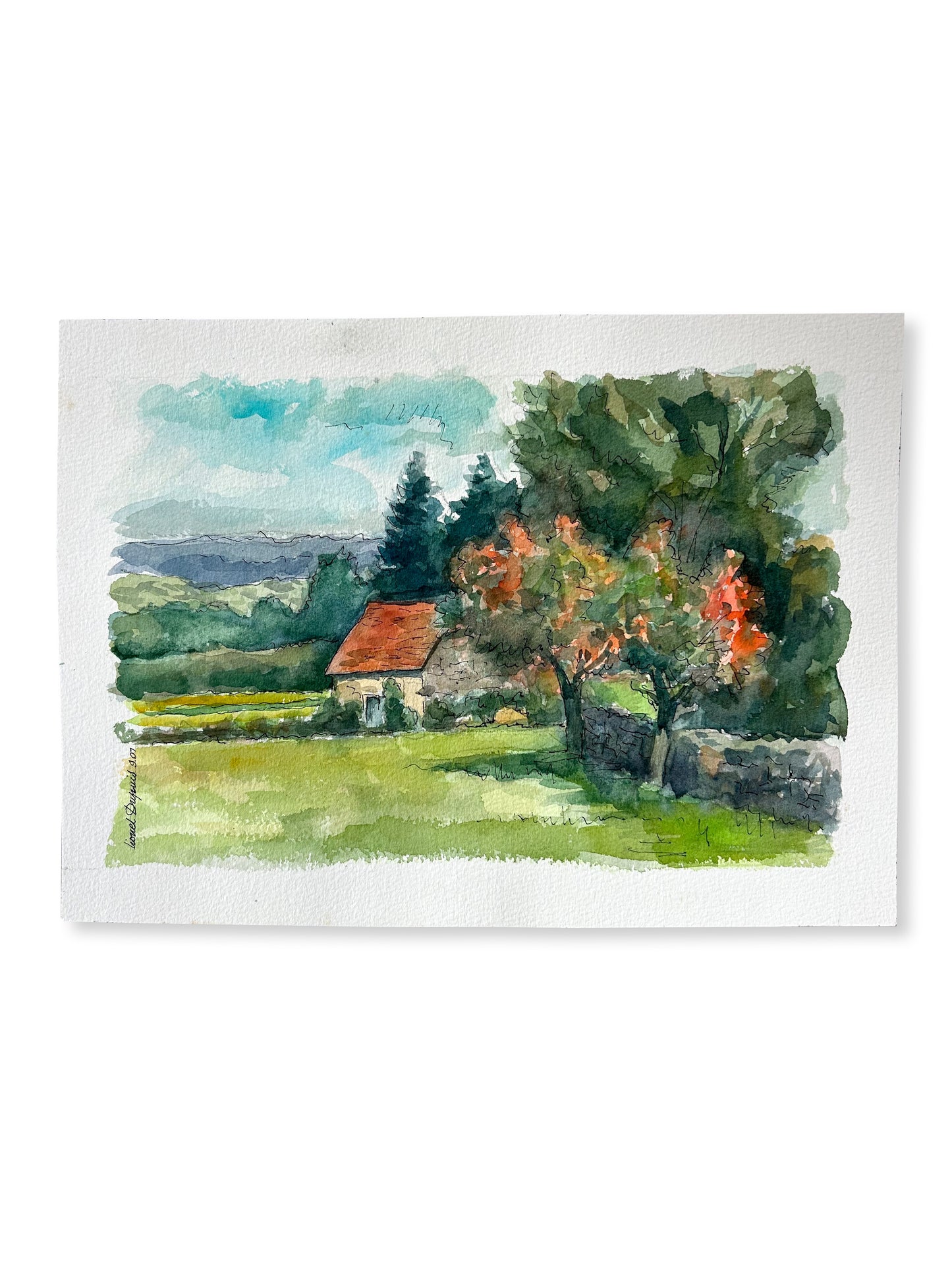 Paris - 10" x 14" Original French Watercolor (with line work) Rural Farmhouse