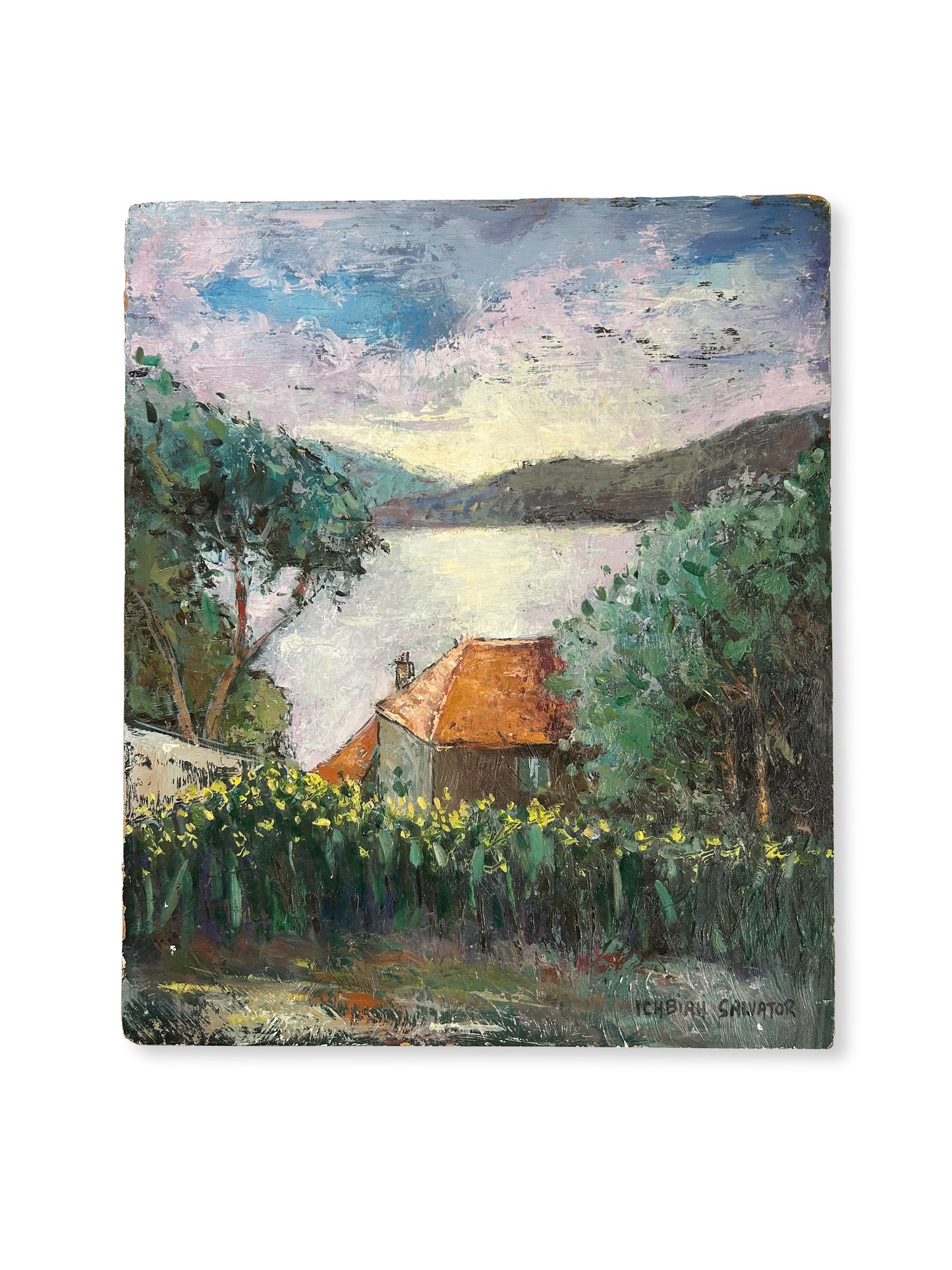 Paris - 1941, 18” x 21.5” Original French Oil on Board, Lakeside Cottage