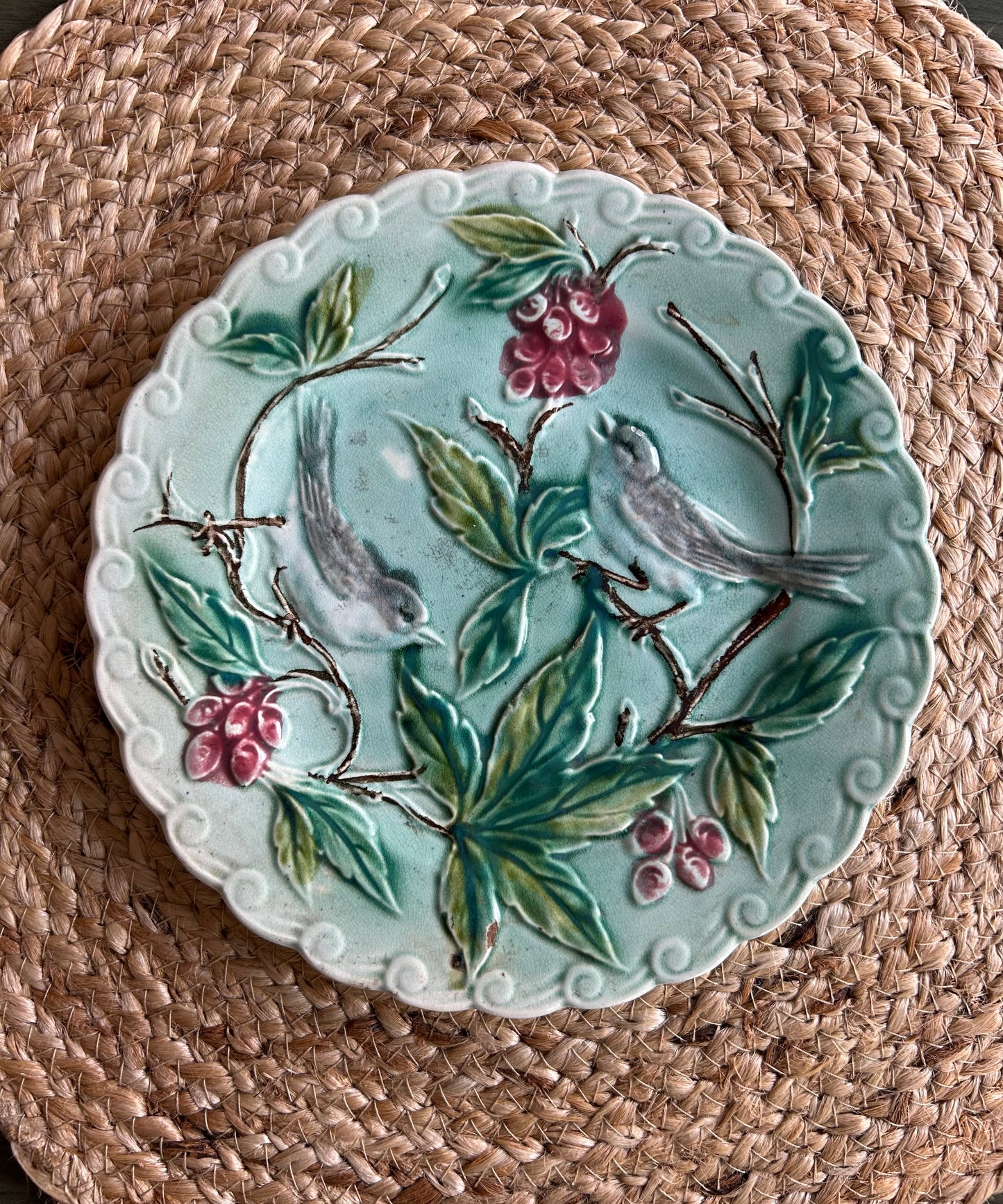 Paris - 8” Antique French Majolica Plate, Birds & Berries