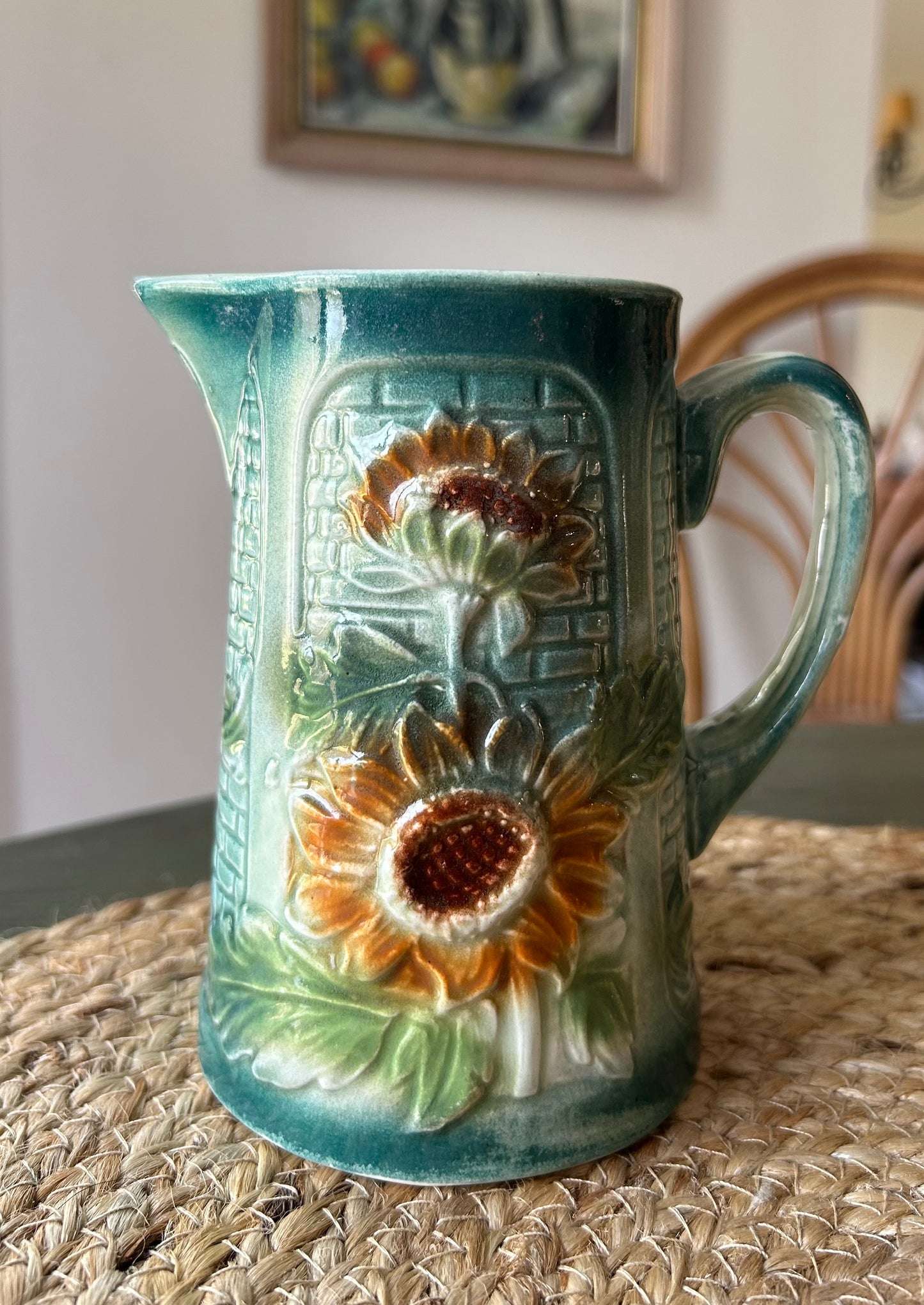Paris - 5.5” H French Majolica Pitcher Sunflowers