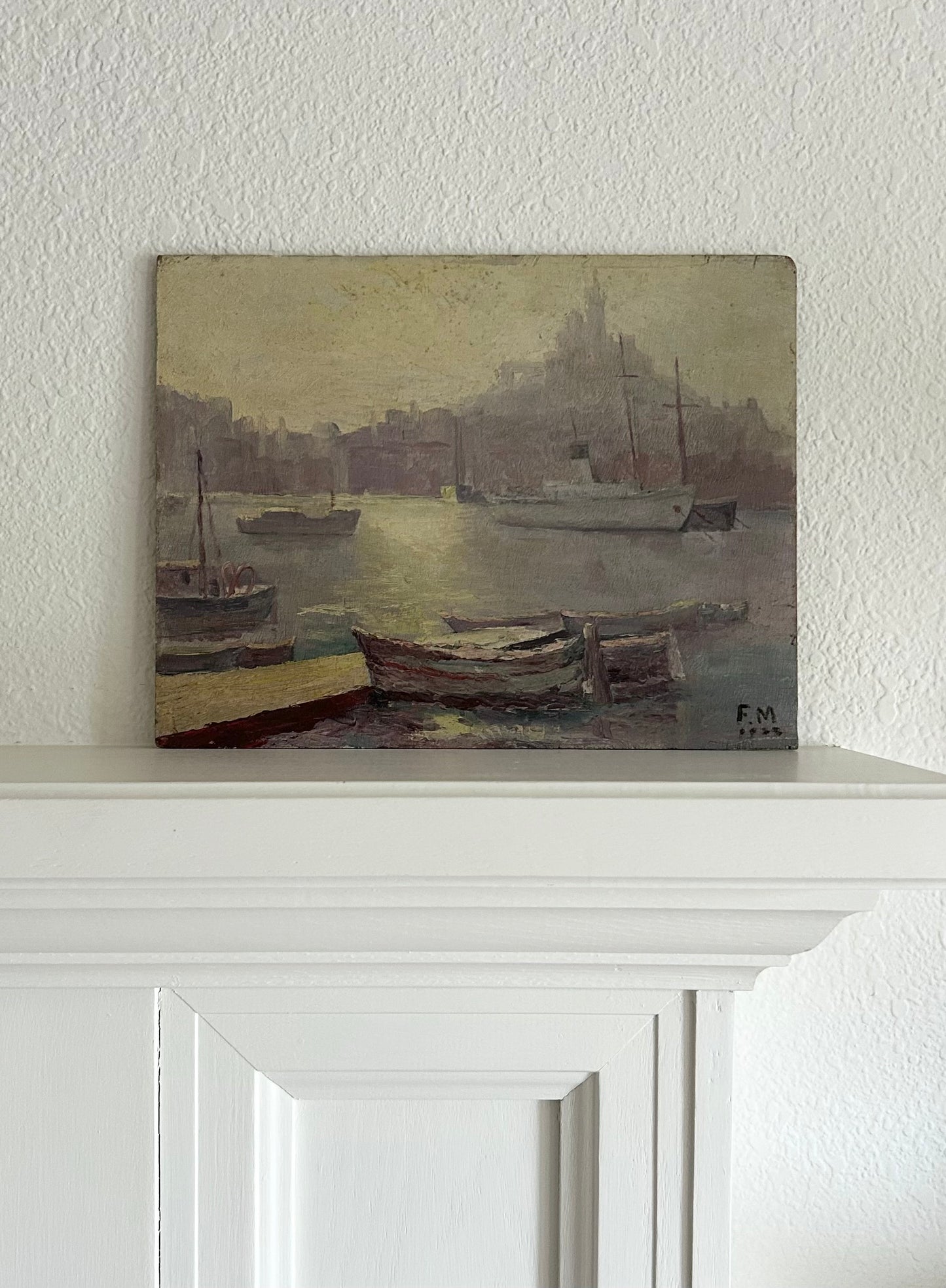 Paris - 10” x 13.5” Antique French Original Oil on Wood Hazy Harbor