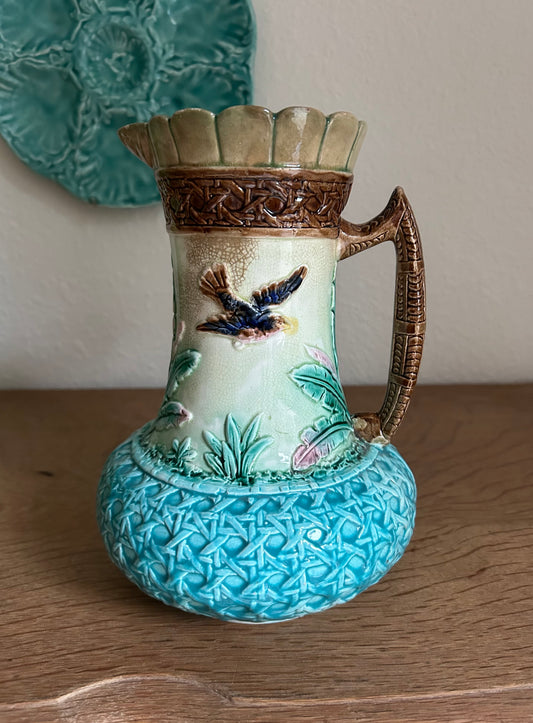 7” x 9” Antique 1880 Majolica Pitcher Bird Motif