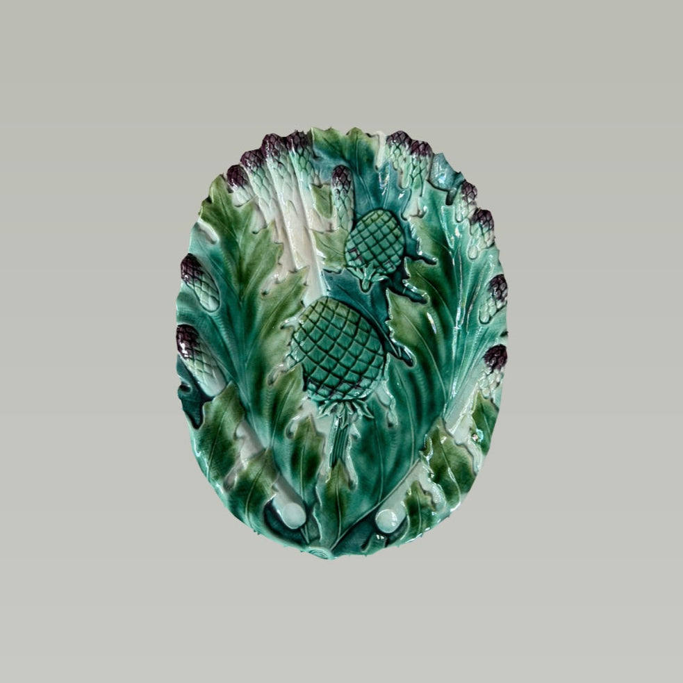 14” 19th Century French Majolica Asparagus & Artichoke Serving Platter
