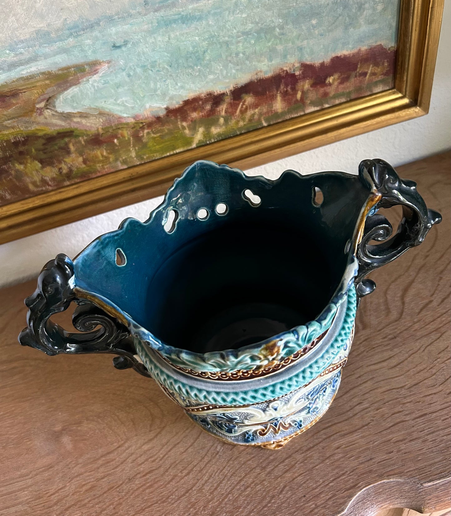 Paris - 13” x 8” x 9.5” Antique French Majolica Jardinière
