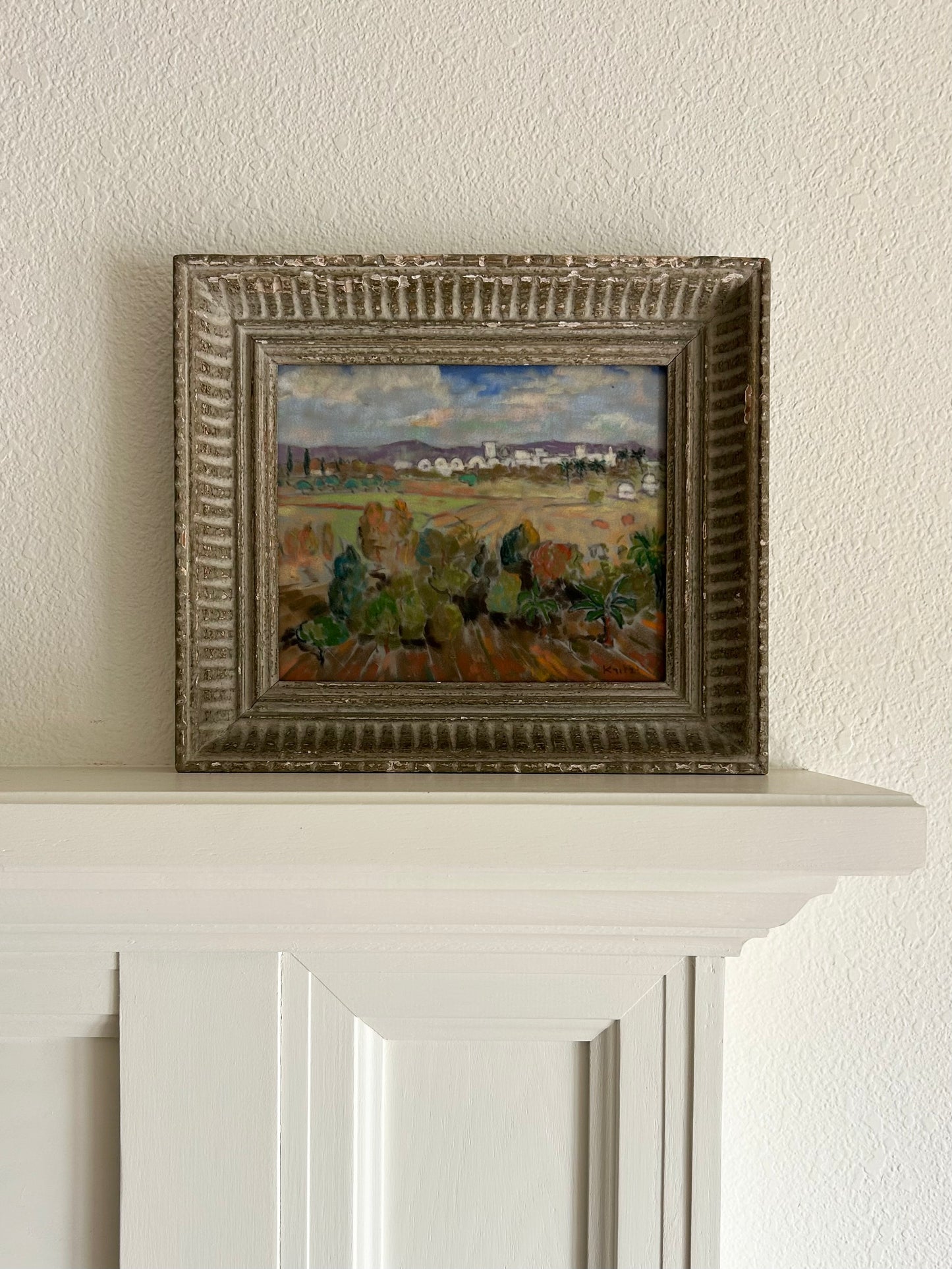 Paris - 13.5” x 15.5” Vintage Oil Pastel on Paper, Vintage Wood Frame