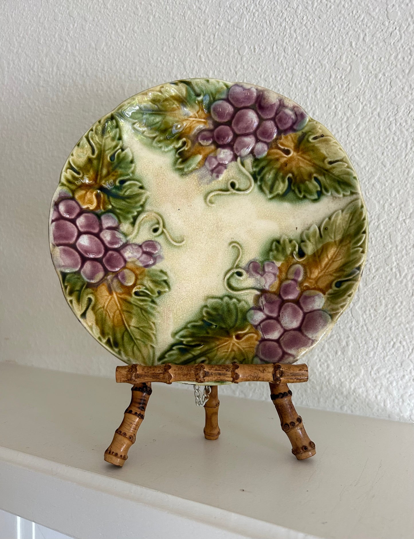 1800s 8.5” French Majolica Grape Motif Plate