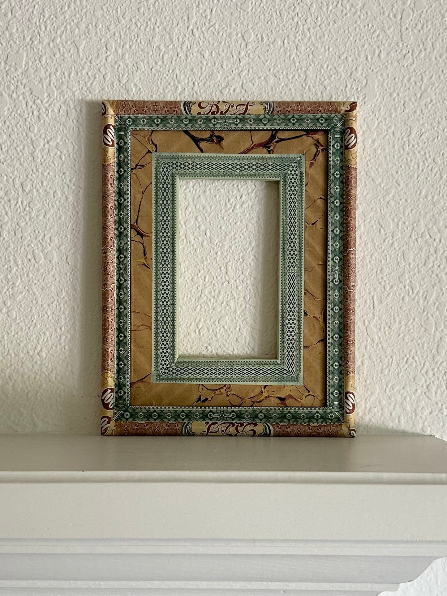 8.5” x 11” opening 3.25” x 6” Handmade French Decoupage Frame – Antique Bank Paper – Provence