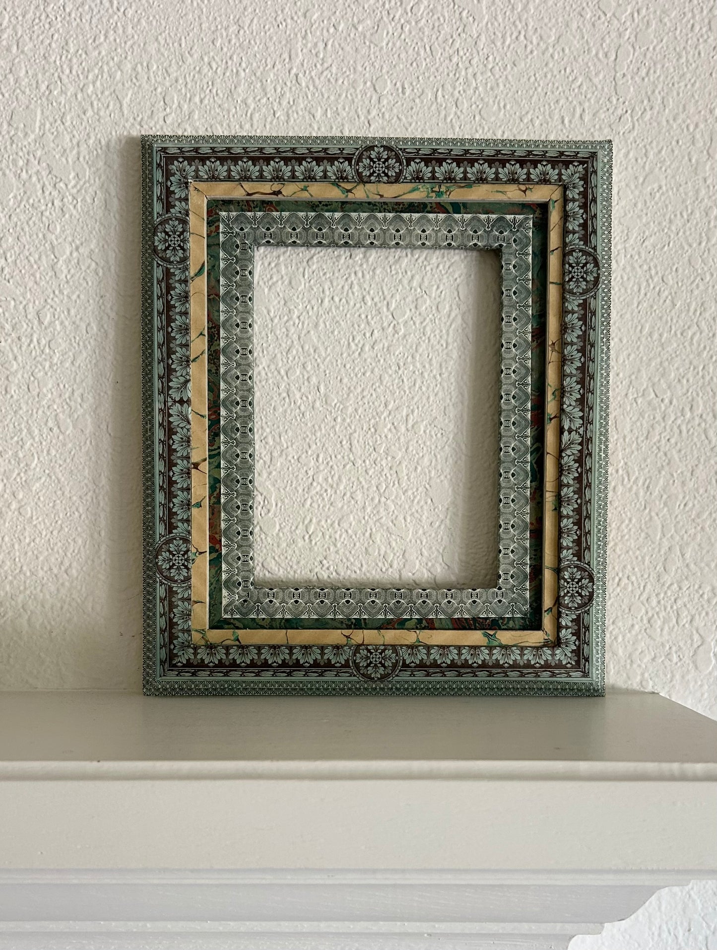 10.25” x 12” opening 5.5” x 7.5” Handmade French Decoupage Frame – Antique Bank Paper – Provence