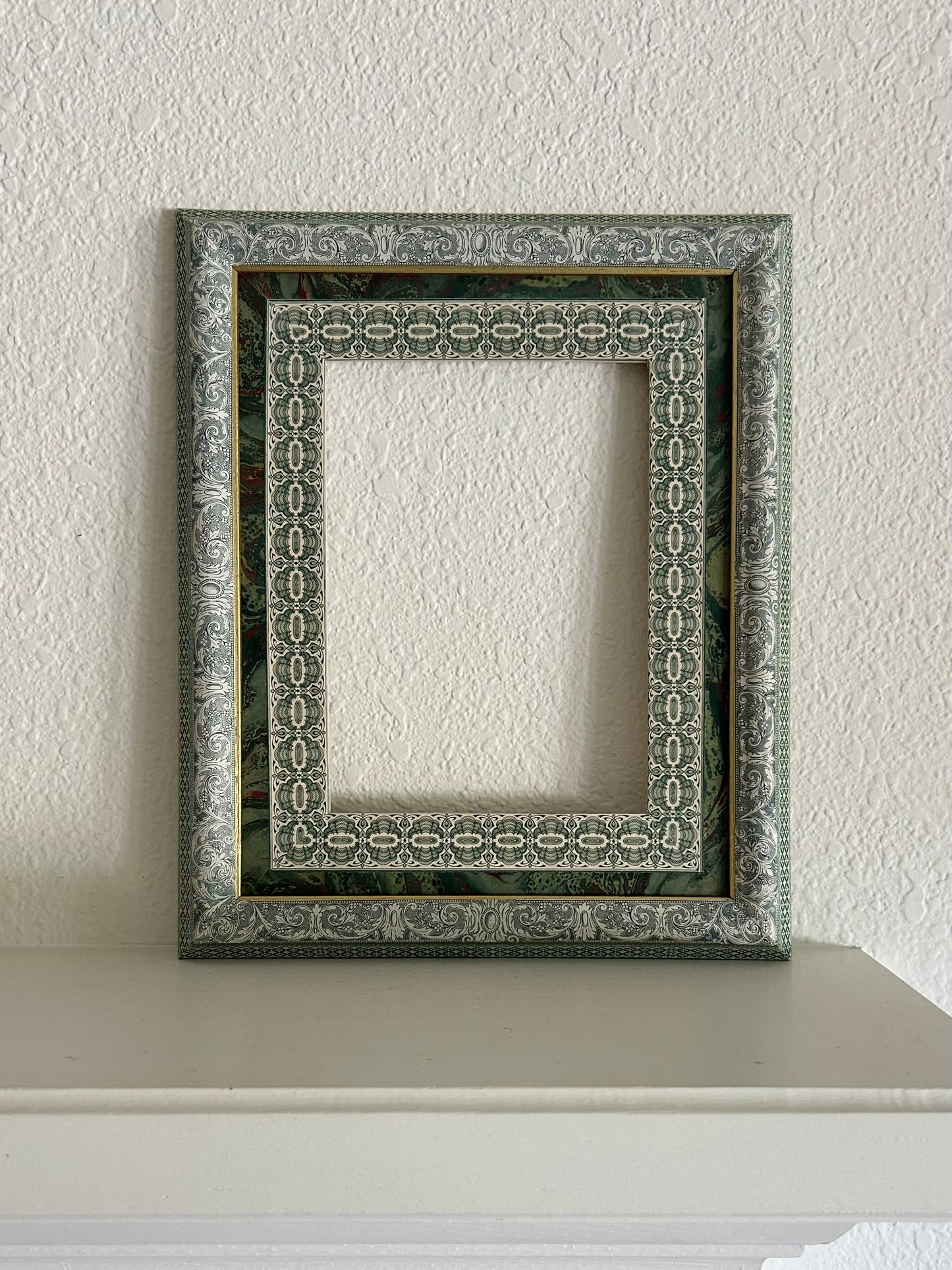 11.25” x 13.75” opening 6” x 8” Handmade French Decoupage Frame – Antique Bank Paper – Provence