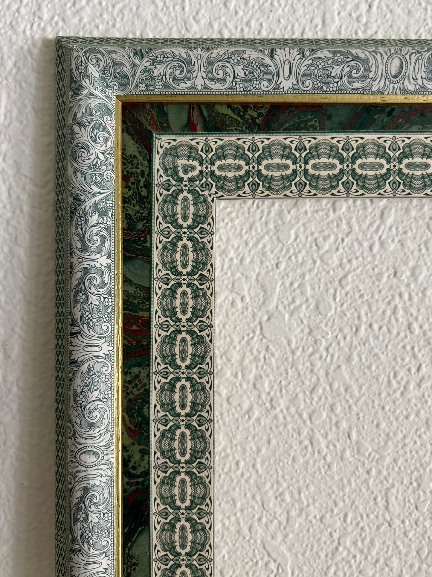 11.25” x 13.75” opening 6” x 8” Handmade French Decoupage Frame – Antique Bank Paper – Provence