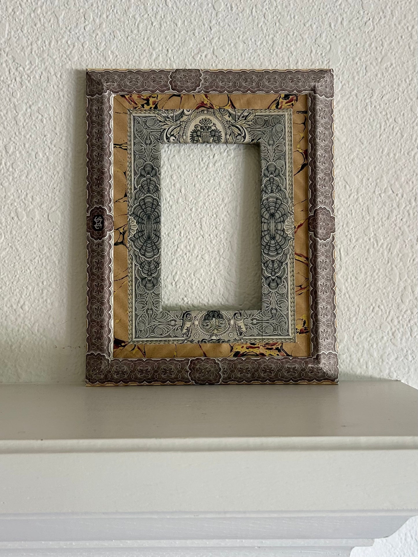 8.5” x 11” opening 3.5” x 6” Handmade French Decoupage Frame – Antique Bank Paper – Provence