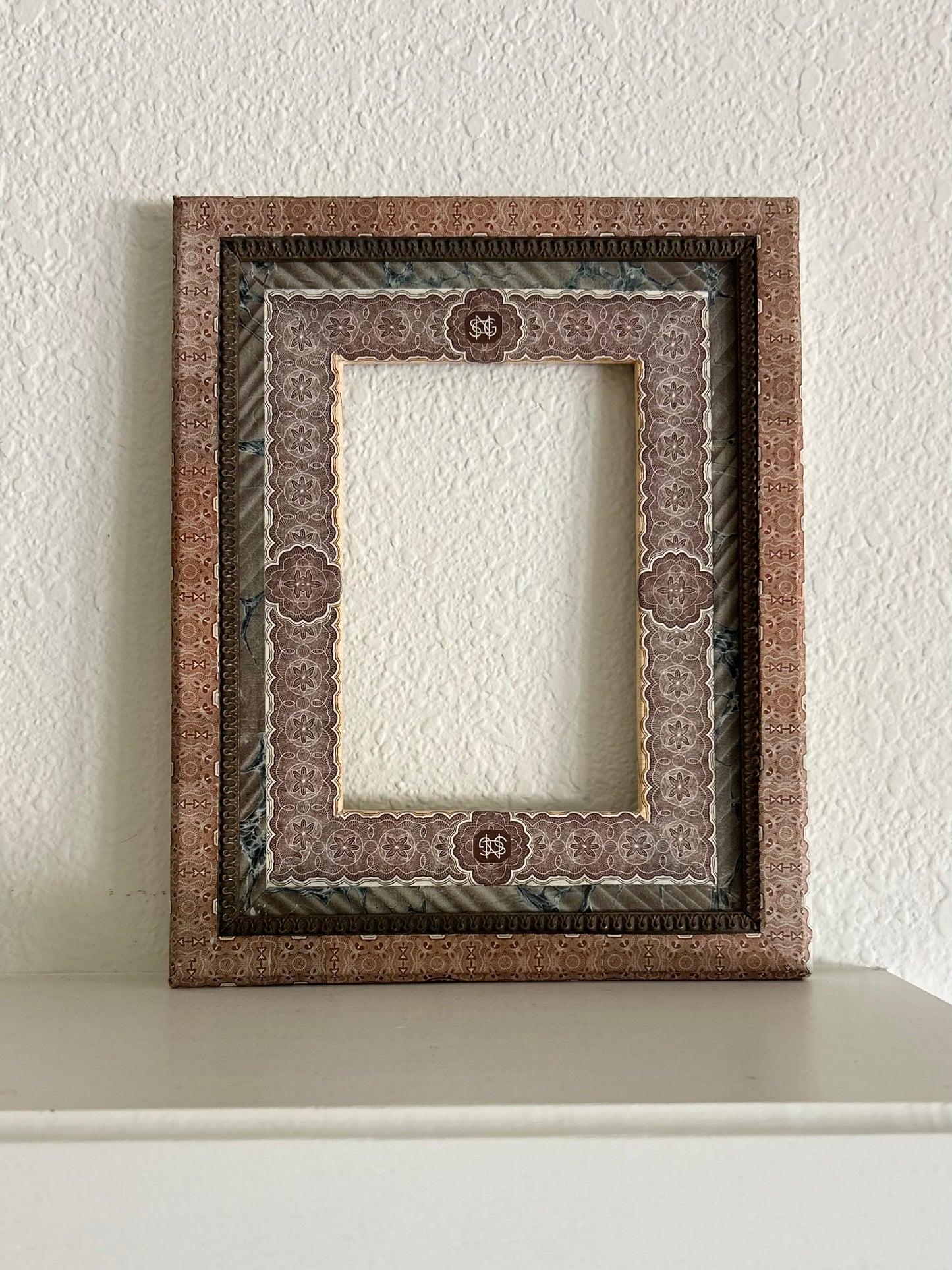 9.75” x 12” opening 4.5” x 7” Handmade French Decoupage Frame – Antique Bank Paper – Provence