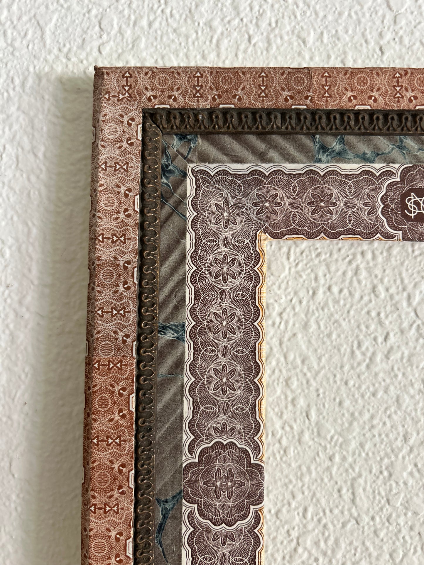 9.75” x 12” opening 4.5” x 7” Handmade French Decoupage Frame – Antique Bank Paper – Provence