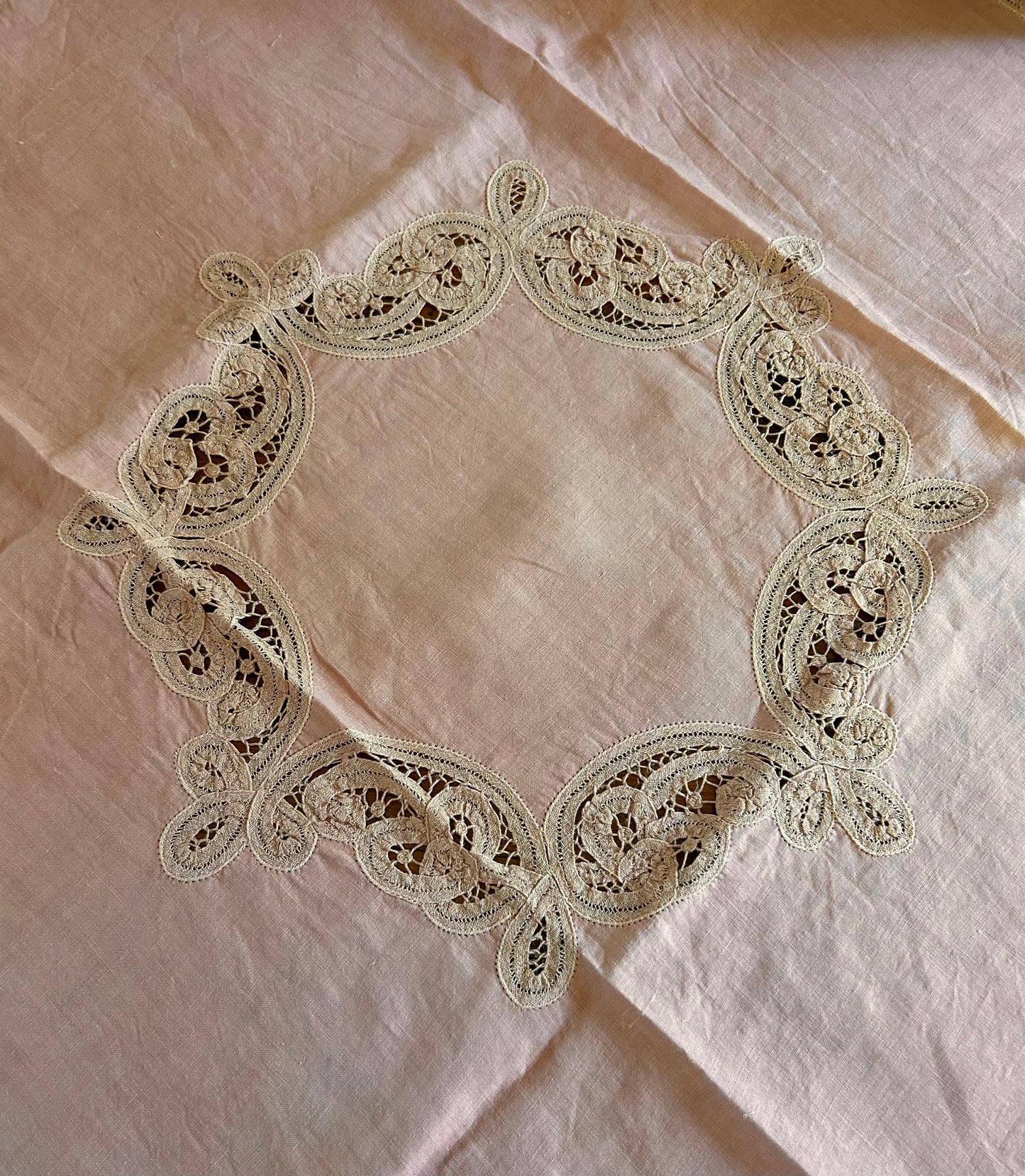 Vintage French Dusty Rose Linen Square Tablecloth with Ornate Lace – 32”