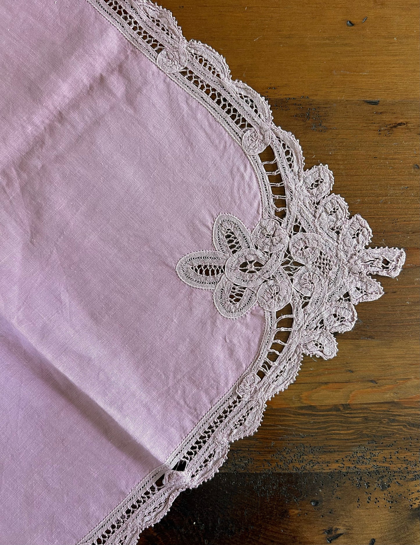 Vintage French Dusty Rose Linen Square Tablecloth with Ornate Lace – 32”