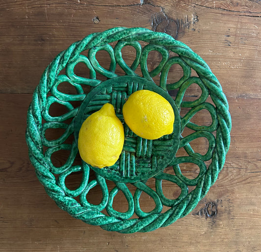 Paris- 10.5” x 2” Vintage Vallauris Ceramic Basket: Deep Green Weave 1950s