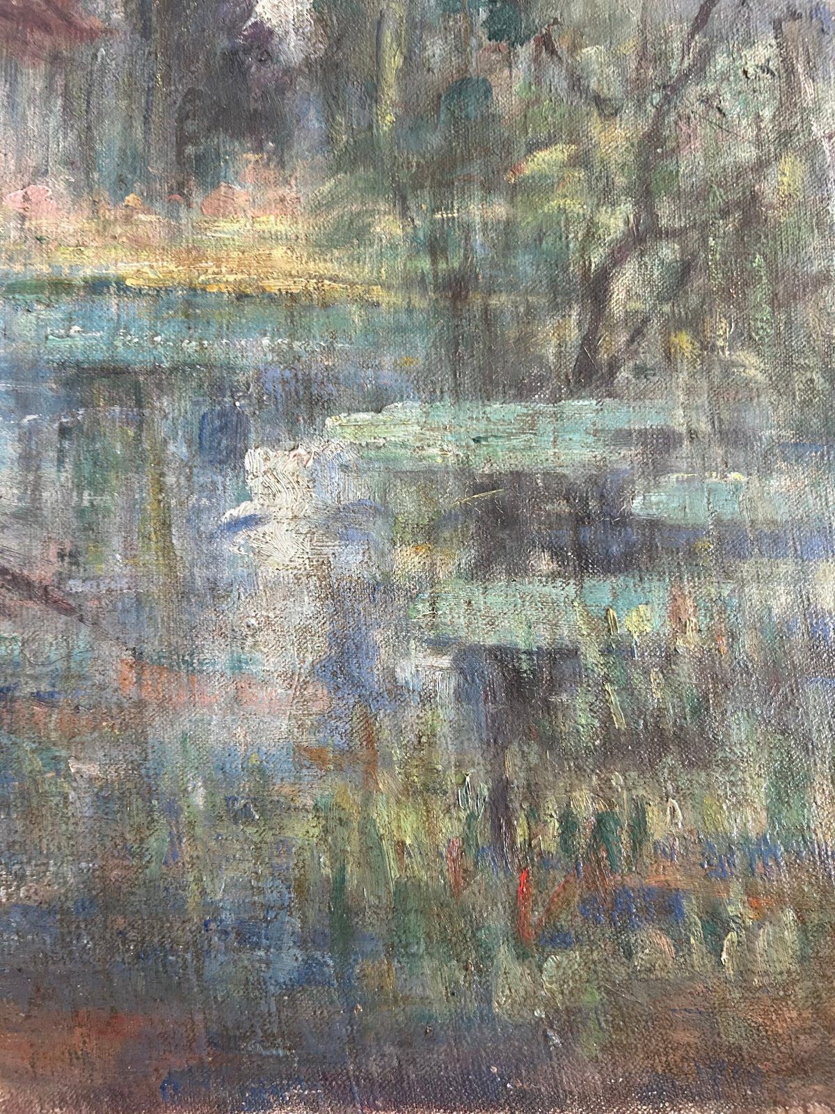 Paris - 18” x 21” Fairytale Pond Antique Oil on Canvas