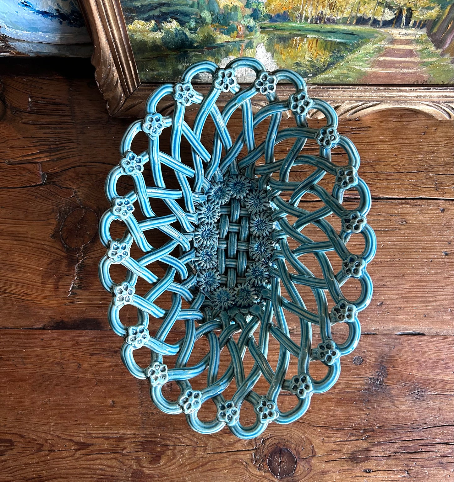 Paris - 11.5” x 4” H J P Pichon Turquoise Vintage Open Weave Basket