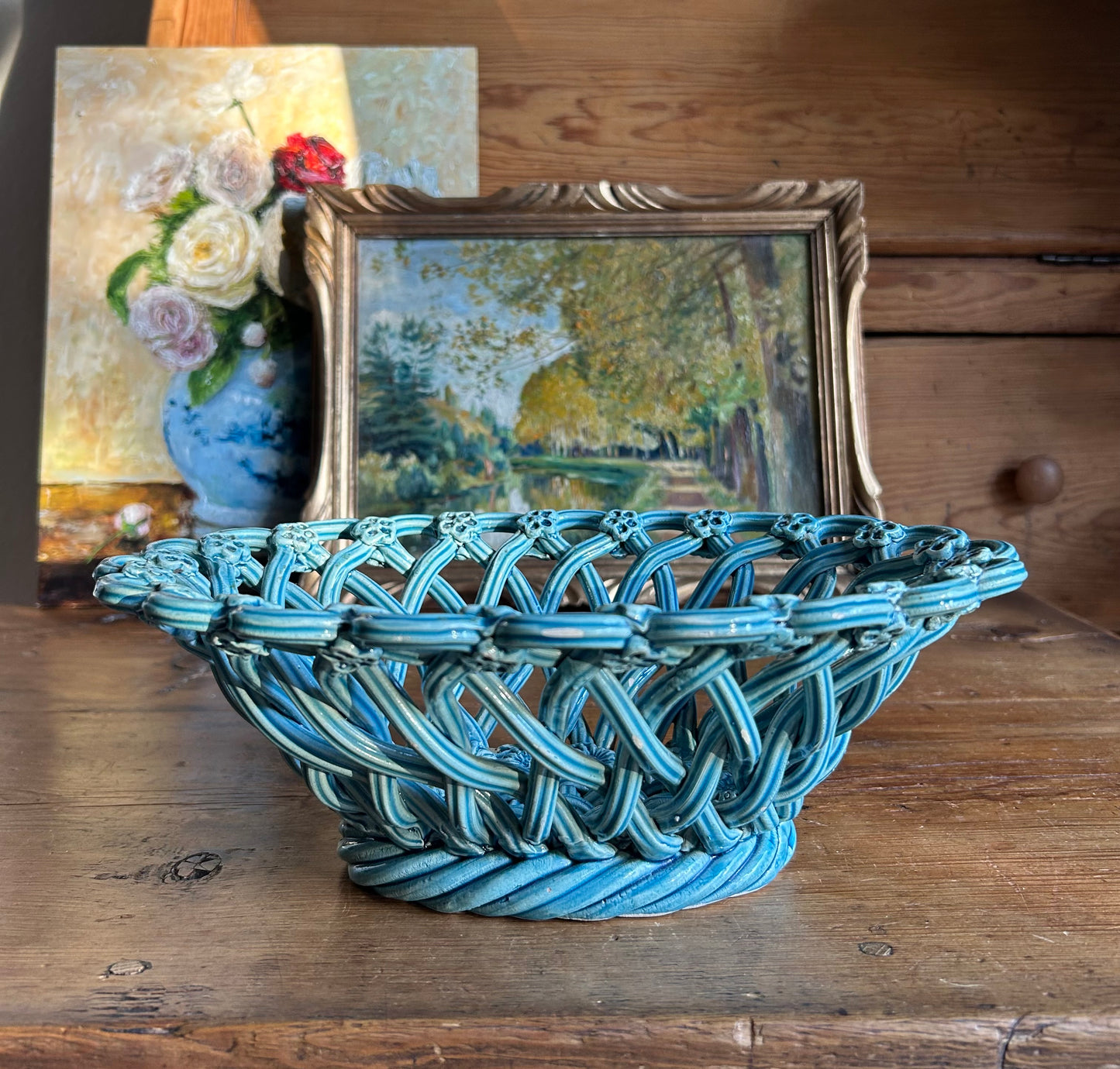 Paris - 11.5” x 4” H J P Pichon Turquoise Vintage Open Weave Basket