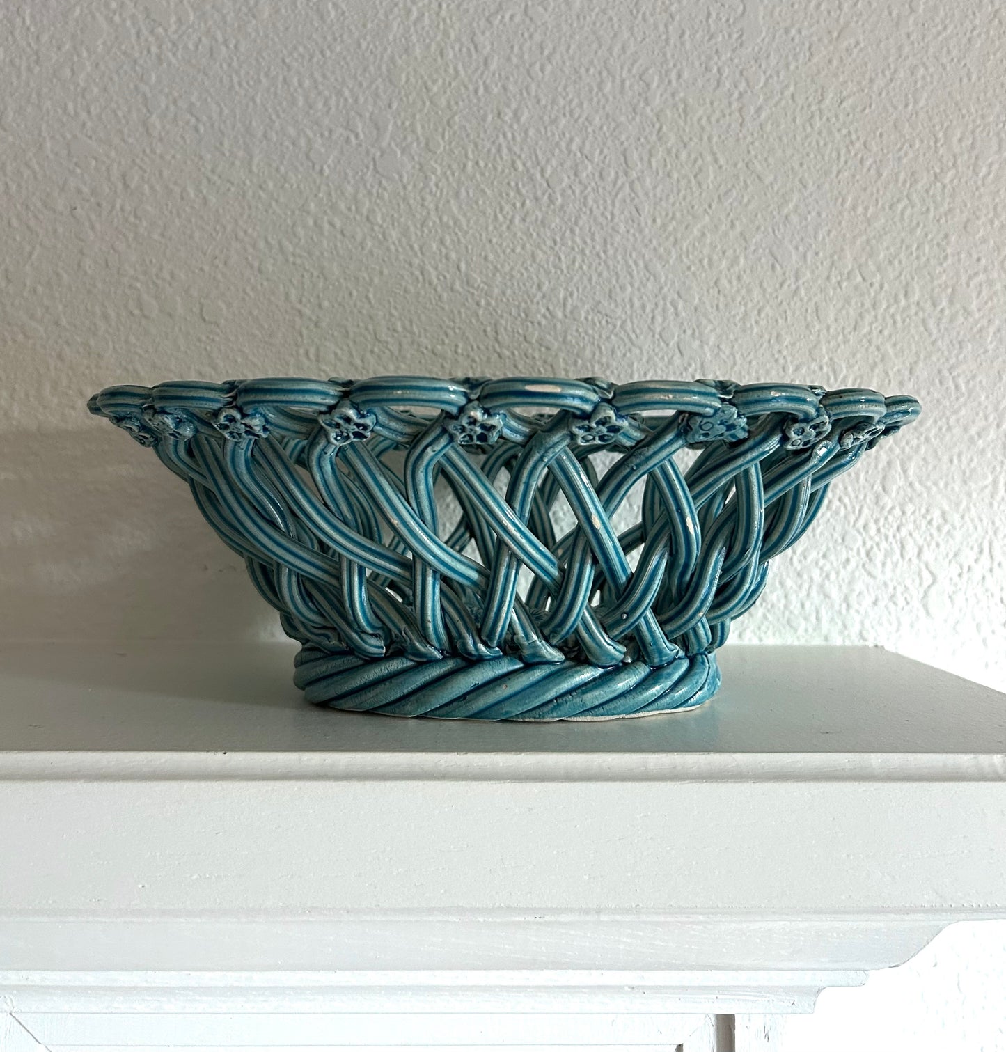 Paris - 11.5” x 4” H J P Pichon Turquoise Vintage Open Weave Basket