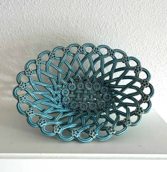 Paris - 11.5” x 4” H J P Pichon Turquoise Vintage Open Weave Basket