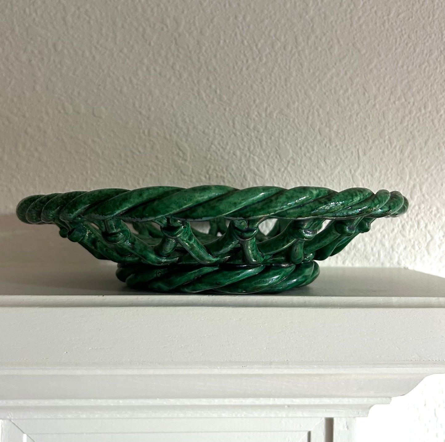 Paris- 10.5” x 2” Vintage Vallauris Ceramic Basket: Deep Green Weave 1950s
