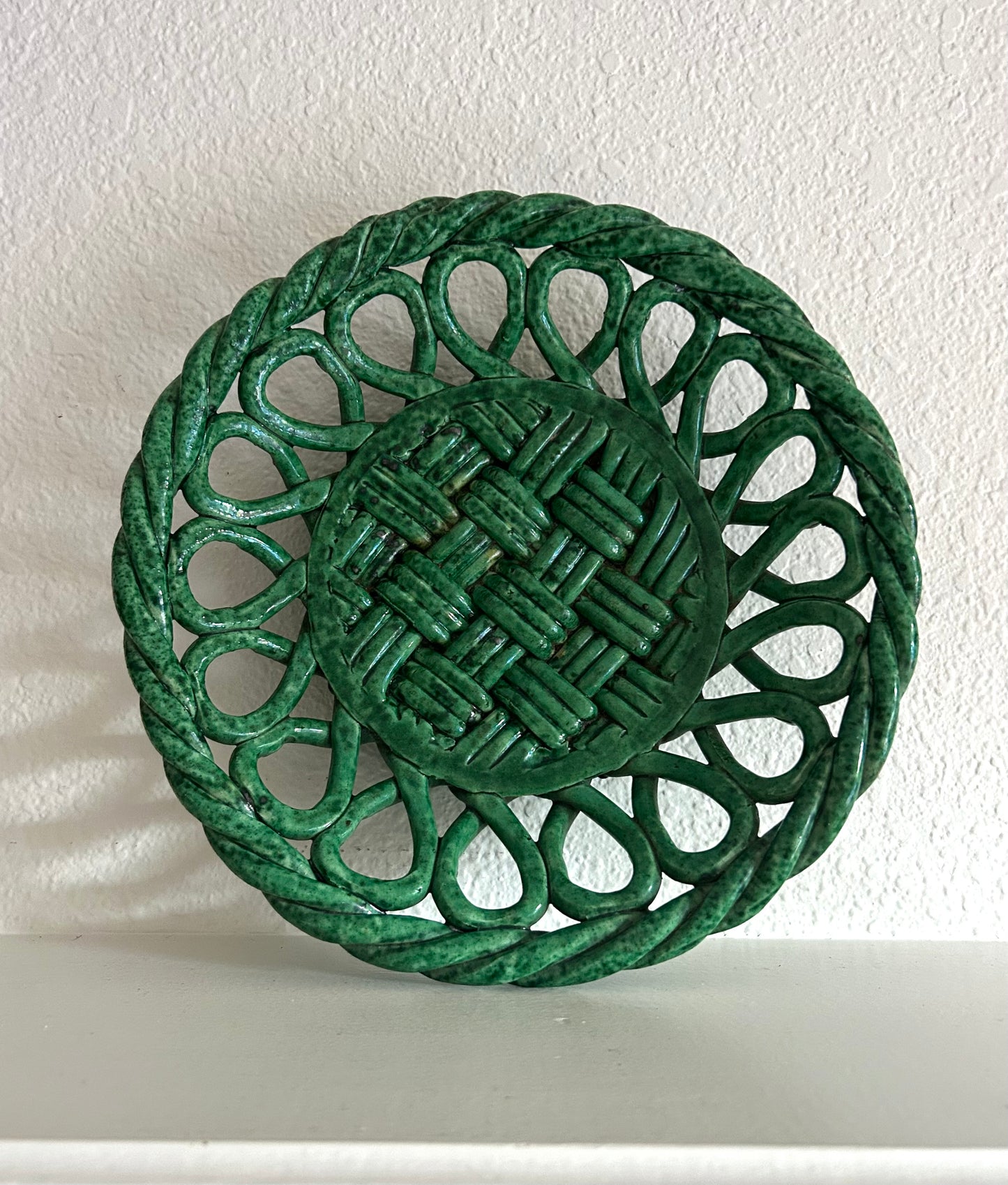 Paris- 10.5” x 2” Vintage Vallauris Ceramic Basket: Deep Green Weave 1950s