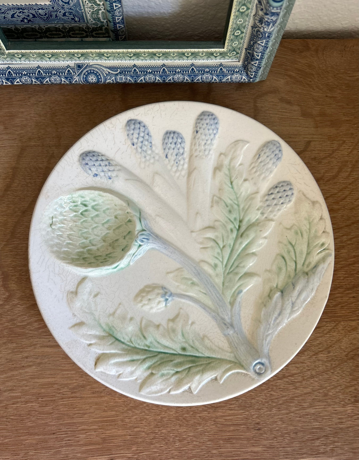 Paris - 9.5”  Antique 1890 French Majolica Artichoke & Asparagus Plate